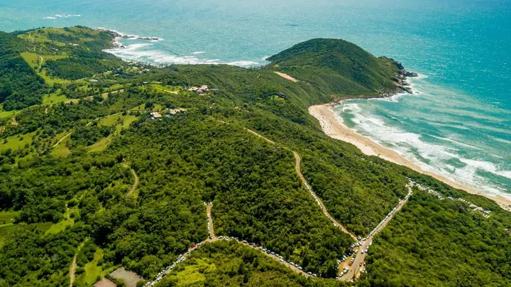 Vista aérea de morro coberto de mata atlântica, estrada de terra e praia de mar agitado