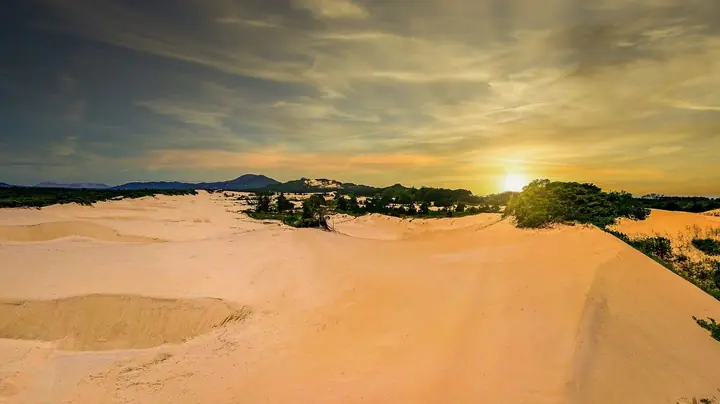 Dunas de areia dourada sob o sol baixo, com vegetação rasteira e céu de nuvens