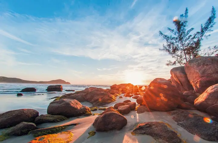 Sol baixo entre as pedras da praia, com árvore no costão e céu azul com nuvens